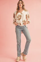 Khaki 60s Flower Print Batwing Sleeve Side Slits Blouse
