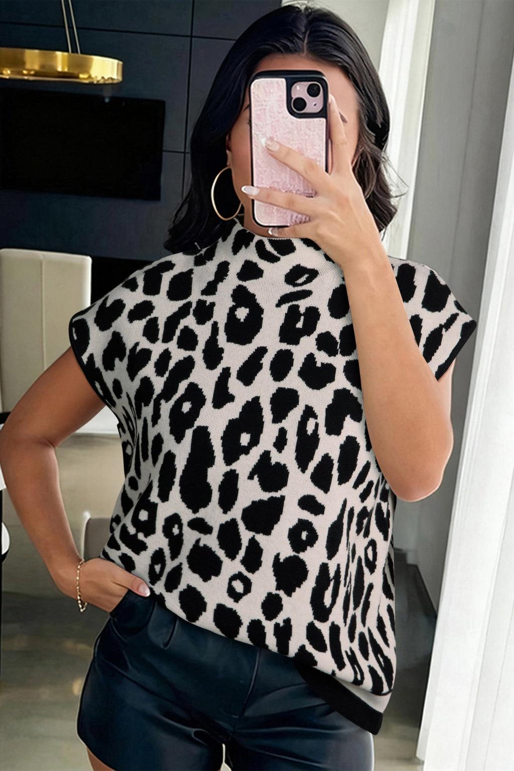 Black Leopard Print High Neck Short Sleeve Sweater