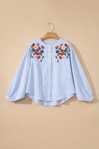 Sky Blue Stripe Floral Embroidered Billowy Sleeve Tunic Baggy Shirt