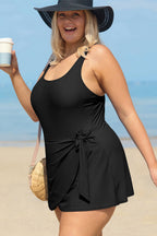 Black Solid Color Square Neck Knotted Plus Size One Piece Swimsuit