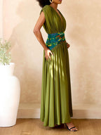 Sheen Deep V Ruched Printed Waistband Maxi Dress