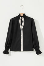 Black Puffy Flounce Sleeve Leopard Trim V Neck Blouse