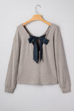 Simply Taupe Ribbed V Neck Contrast Ribbon Bow Back Drop Shoulder Long Sleeve Top