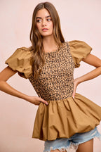 BiBi Rib Texture Leopard Puff Sleeves Bubble Peplum Top