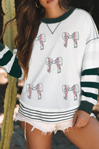 White Stripe Bowknot Patched Pattern Contrast Stitching Pullover Trendy Sweatshirt