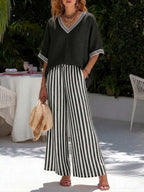 Women's Striped Tunic Top & Casual Trousers Two-Piece Set