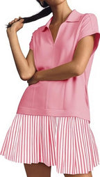 Fisoew Striped Patchwork Polo V‑Neck Mini Dress with Pockets