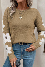 Moss Green Flower Sleeve Drop Shoulder Sweater