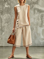 Women's Tank Top & Wide-Leg Pants Set – Side Split, Pockets, Buttons