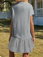 Fisoew Striped Patchwork Polo V‑Neck Mini Dress with Pockets