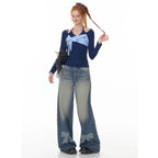 Retro Wide-leg Bow-tie Printed Washed Denim Jeans