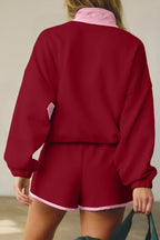 Red Dahlia Colorblock Patchwork Half Button Pullover and Shorts Outfit