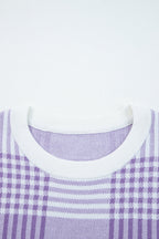 Lilac Plaid Print Ribbed Trim Loose Sweater