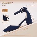 Idifu Womens Size 6 Navy Faux Suede Closed Toe 2" Block Heel Ankle Strap Shoes