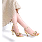 Goderci Womens Size 10 Gold 3" Heels Bow Square Open Toe Ankle Strap Shoes