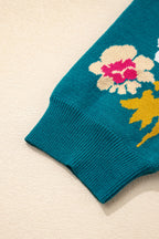 Blue Flower Pattern Mock Neck Short Sleeve Knitted T Shirt