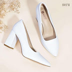 Idifu Womens Size 7.5 White Pointy Toe 3.5" Block Heel Slide On Pumps Shoes