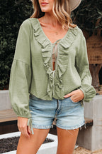Meadow Mist Green Bow Tie Front Ruffle Trim V Neck Long Sleeve Gauze Blouse