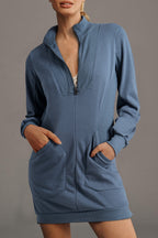 Dark Grey Zip up Collared Ribbed Patchwork Sweatshirt Dress with Pockets