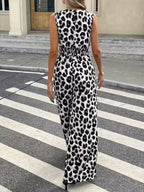 Sleeveless V-Neck Leopard Print Wide Leg Jumpsuit