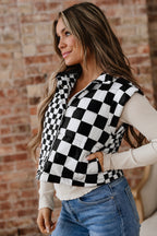 Black Double Checked Stand Collar Cropped Puffer Vest