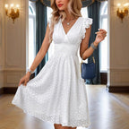 Waisted V-Neck Lace Midi Dress