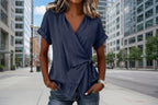 Women's Casual Lapel Collar Lace-Up Short-Sleeve Linen Top