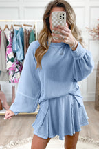 Jet Stream Corded Lantern Sleeve Pullover and Ruffle Mini Skirt Set