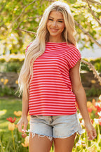 Red Stripe Ribbed Cap Sleeve Round Neck T Shirt