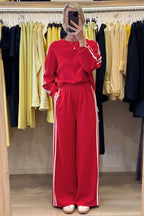 Oatmeal Varsity Striped Detail Cropped Pullover Wide Leg Pants 2pcs Outfit