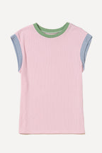 Pink Color Block Corded Knit Crew Neck Tee