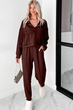 Chicory Coffee Button Drawstring Cropped Hoodie Jogger 2pcs Set