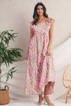 Blue Floral Print Square Neck Ruffled Strap Maxi Dress