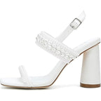 Palscou Womens Size 8.5 White Pearl 3.5" Chunky Heel Open Square Toe Shoes