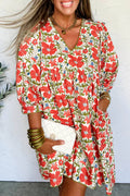 Red Floral Print Ricrac Trim V Neck 3/4 Sleeve Loose Mini Dress
