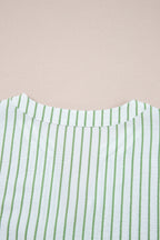 Green Stripe Flower Puff Sleeve Notched V Neck Babydoll Blouse