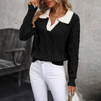 🧶 Women’s Lapel V-Neck Color-Block Long-Sleeve Pullover Sweater