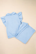 Beau Blue Textured Ruffled Sleeve Zipped Top and Wide Leg Pants Set