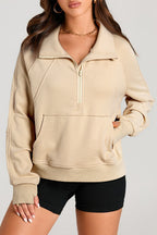 Smoke Green Quarter Zip Stand Neck Kangaroo Pocket Sweatshirt