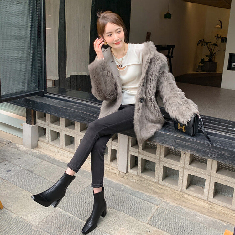 Square Toe Elastic Chunky Heel Boots