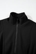 Black French Terry Zipped Collar Sleeveless Drawstring Waist Mini Dress