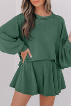 Jet Stream Corded Lantern Sleeve Top High Waist Ruffled Mini Skirt Set