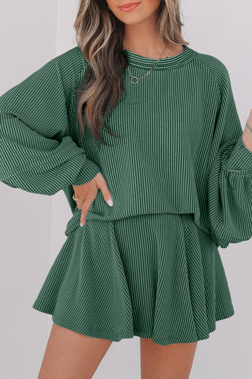 Jet Stream Corded Lantern Sleeve Top High Waist Ruffled Mini Skirt Set