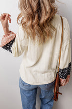 Dusty Pink Floral Patchwork Textured Knit Drawstring V Neck Blouse