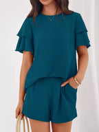 Ruffle Sleeve Top and Shorts Two-Piece Set