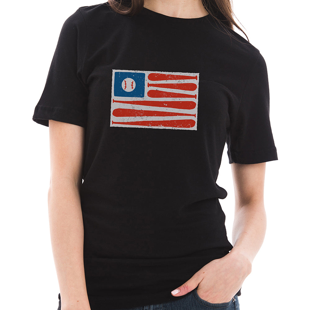 Baseball American Flag Graphic Design Combed Cotton Short Sleeve T-shirt