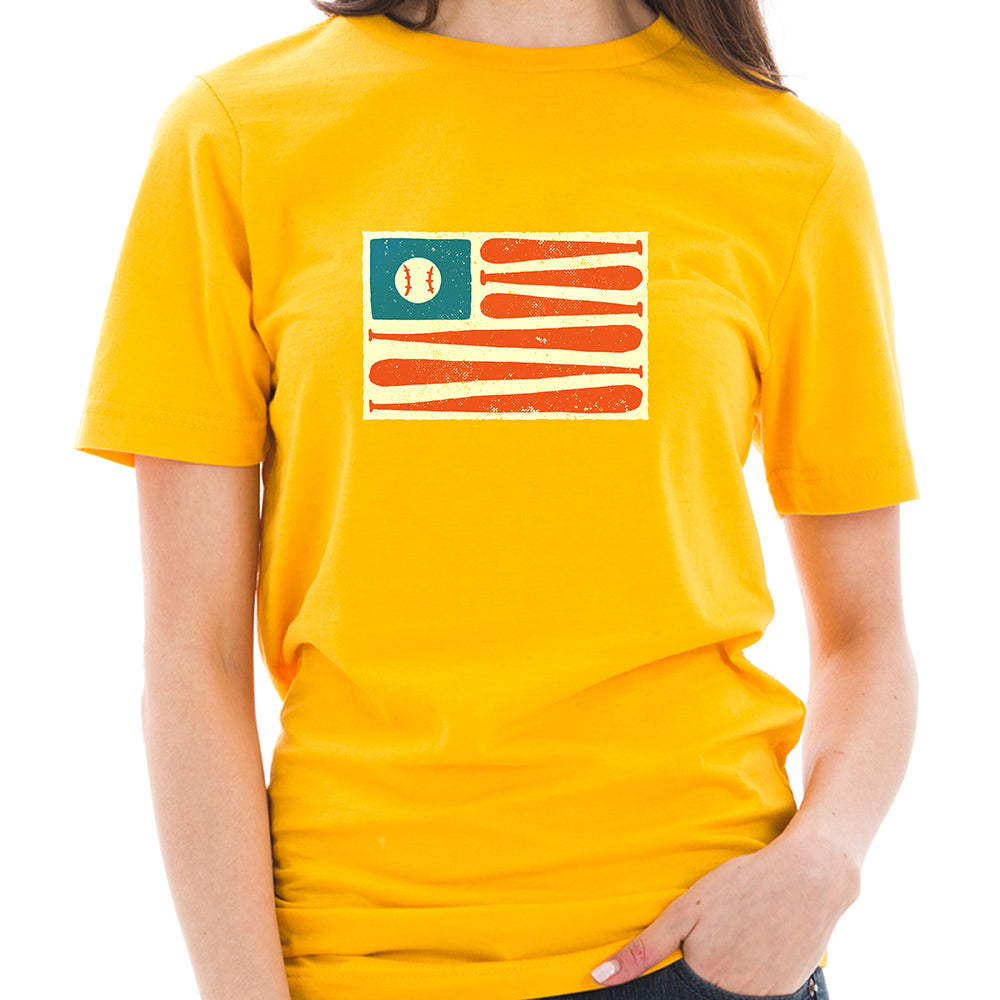 Baseball American Flag Graphic Design Combed Cotton Short Sleeve T-shirt