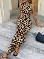 Sleeveless V-Neck Leopard Print Wide Leg Jumpsuit