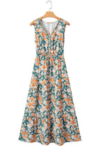 Green Floral Print Trimmed V Neck Tie Waist Sleeveless Holiday Long Dress