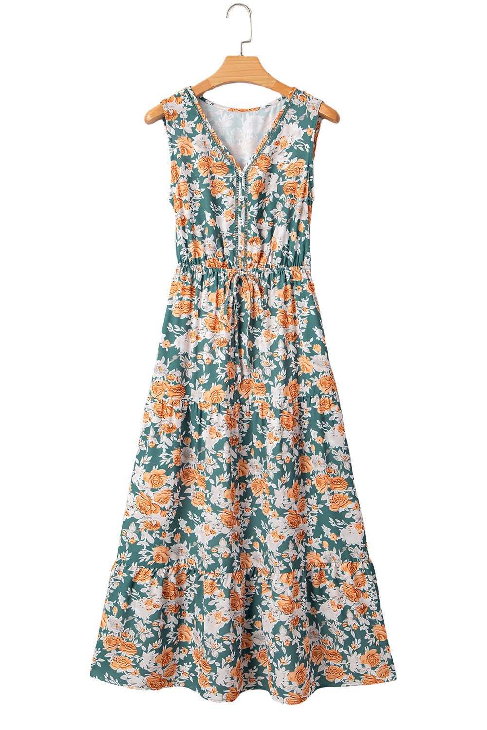 Green Floral Print Trimmed V Neck Tie Waist Sleeveless Holiday Long Dress